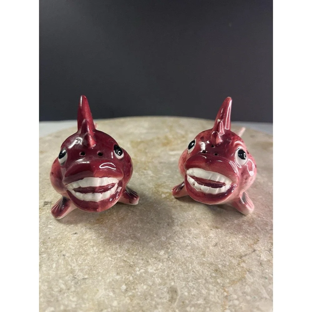 1950's Set Of Anthropomorphic Piranha Fish Salt And Pepper Shakers